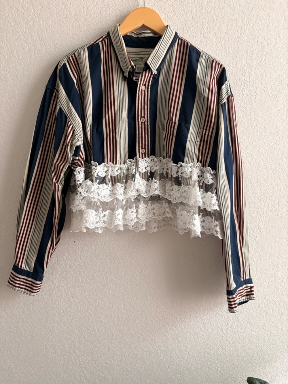 Vintage  1990’s Natural Issue Striped Blouse XL Lace Overlay Cottagecore Boho